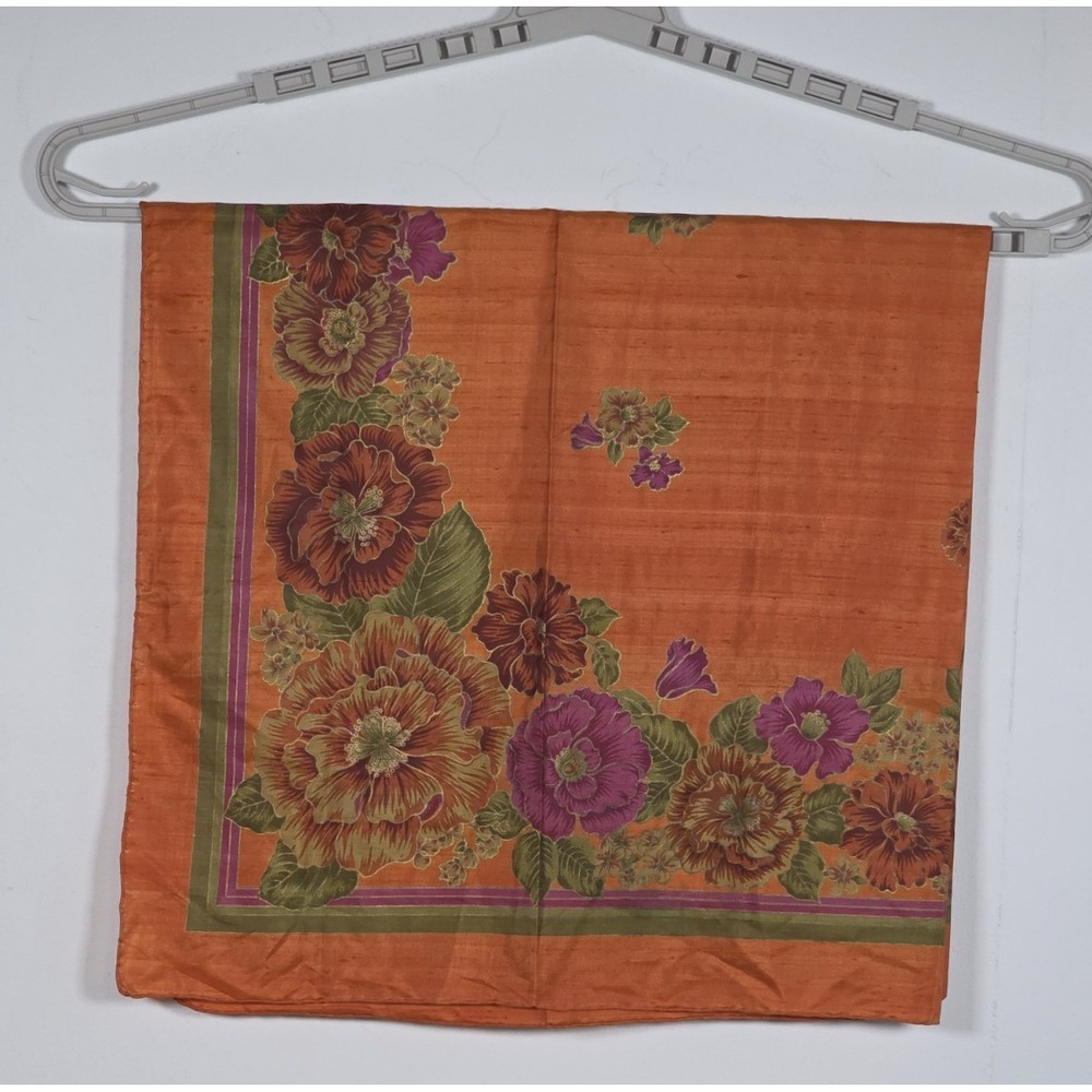 Pure Thai Silk Scarf Orange Floral Square Head Neck Bag Wrap Accessory Vintage